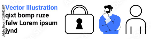 Person thinking, padlock with keyhole, abstract user icon, minimal style, and placeholder text representation. Ideal for privacy, data protection, security solutions, access control user