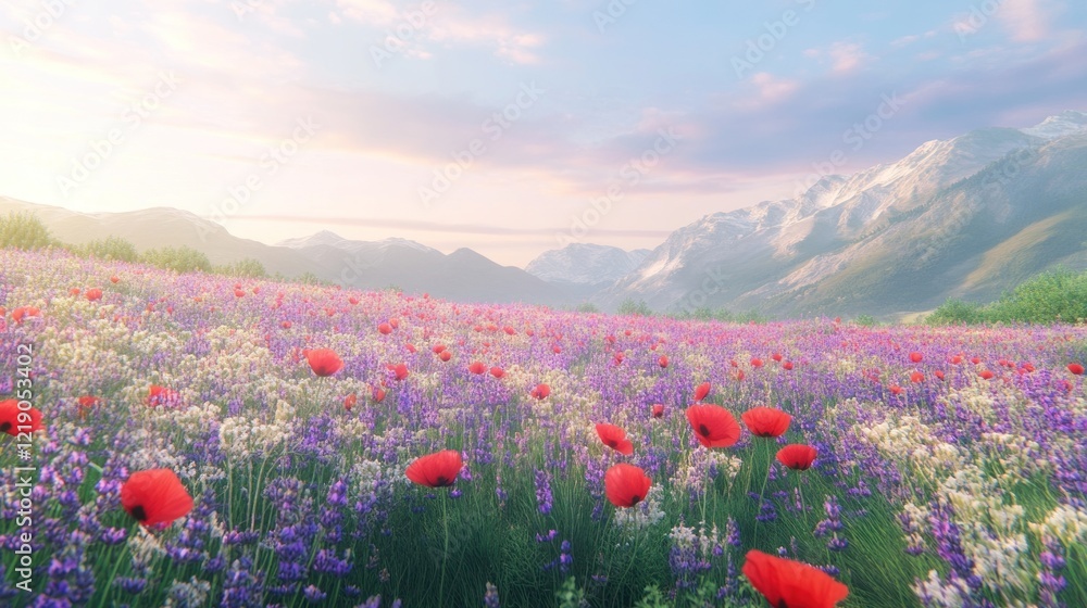 Serene Mountain Meadow: A breathtaking panorama of vibrant wildflowers flourishing amidst majestic snow-capped mountains under a tranquil sunrise sky.