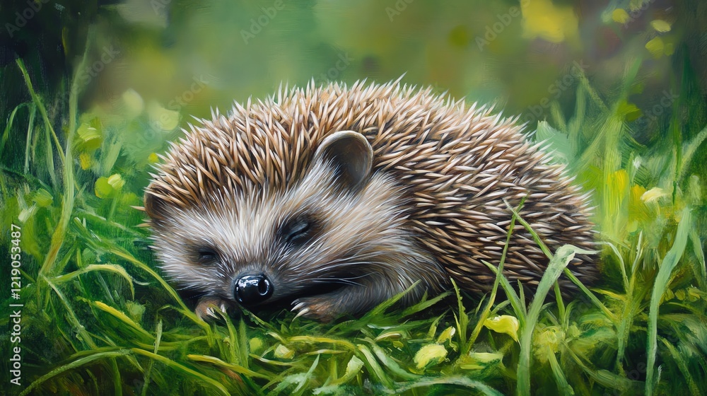Fototapeta premium A peaceful hedgehog resting on a bed of vibrant green grass, surrounded by delicate wildflowers