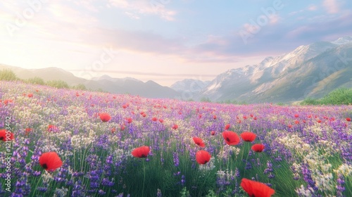Obraz na płótnie Serene Mountain Meadow: A breathtaking panorama of vibrant wildflowers flourishing amidst majestic snow-capped mountains under a tranquil sunrise sky. w salonie