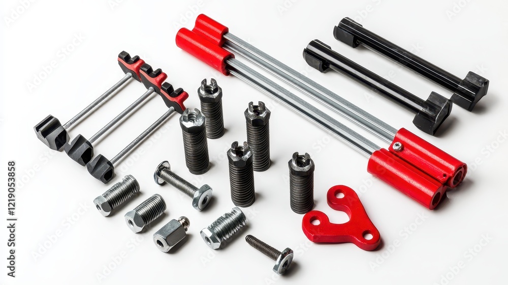 Naklejka premium A set of scaffolding tools including clamps and bolts on a white isolated background