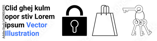 Padlock, shopping bag, and set of keys alongside sample text. Ideal for e-commerce, cybersecurity, online shopping, privacy protection, encryption retail security and digital transactions. Landing