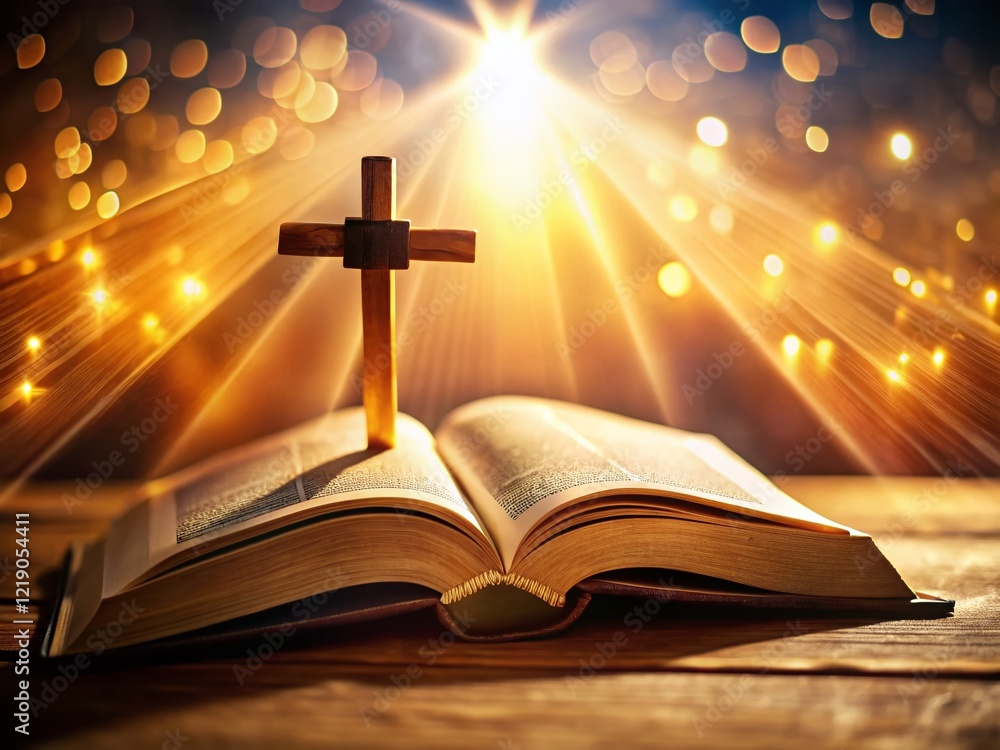 Miniature Tilt-Shift Photo: Open Bible, Cross, Divine Light Miniature Tilt-Shift Photo: Open Bible, Cross, Divine Light