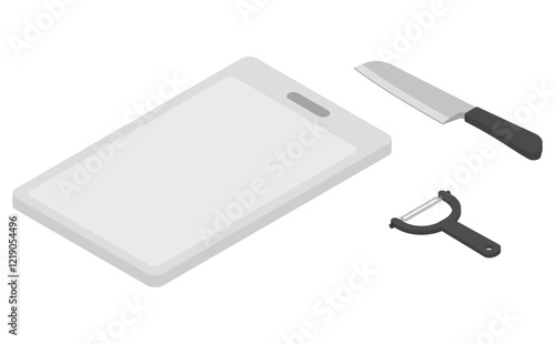 アイソメトリックイラスト：包丁とまな板