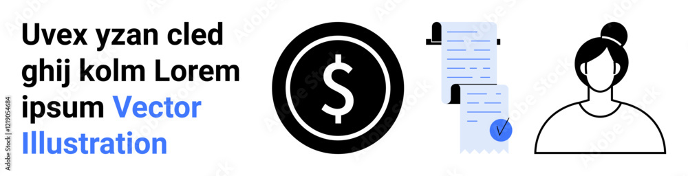 Black dollar icon, blue documents with a check mark, and female profile. Ideal for finance, business, contracts, profiles, management, documentation, validation. Landing page Black dollar icon, blue documents with a check mark, and female profile. Ideal for finance, business, contracts, profiles, management, documentation, validation. Landing page