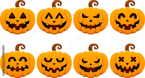 Halloween Pumpkin Set Vector Illustration On White Background, Scary Pumpkin Faces
