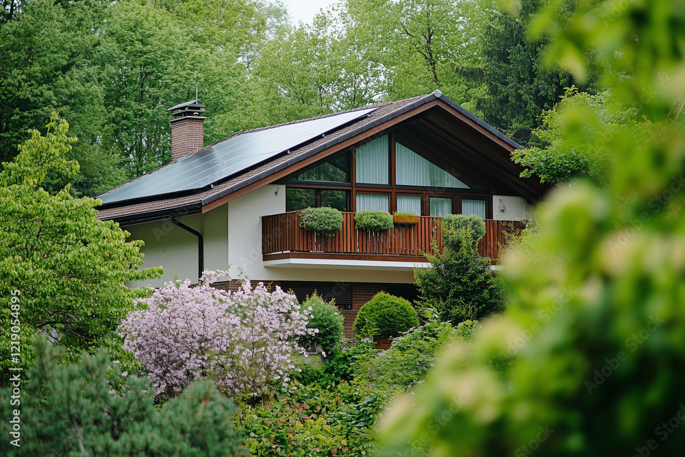 Beautiful Contemporary House with Solar Panels on the roof and green grass around the garden Beautiful Contemporary House with Solar Panels on the roof and green grass around the garden