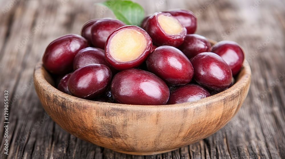 Juicy Red Cornelian Cherries in Wooden Bowl Juicy Red Cornelian Cherries in Wooden Bowl