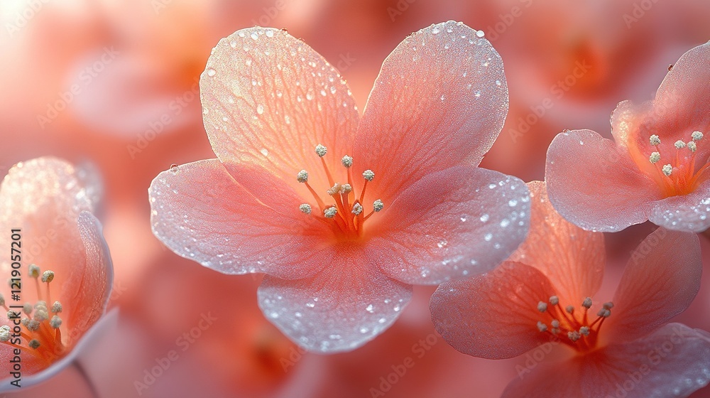 Fototapeta premium Dewy pink blossoms in morning light, blurred background, floral backdrop