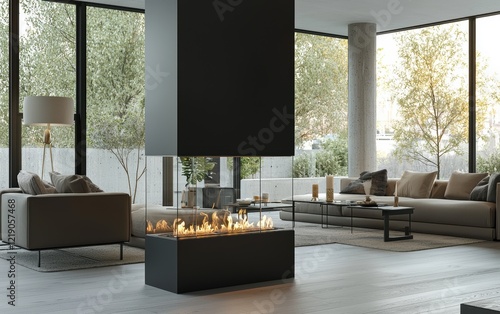 A double-sided bio fireplace acting as a room divider in a contemporary open-plan home with sleek furniture