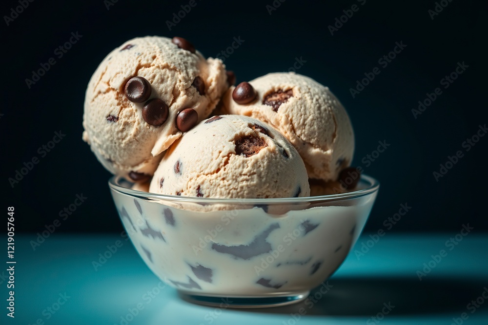 Creamy Chocolate Chip Ice Cream Scoops in Glass Bowl: A Delicious Treat Creamy Chocolate Chip Ice Cream Scoops in Glass Bowl: A Delicious Treat