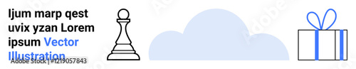 Chess pawn, cloud shape, and gift box, each outlined in black and blue, next to placeholder text. Ideal for strategy, weather, gift-giving, business concepts planning creativity organization