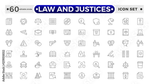 law and Justices icon set such as thin line divorce, protection law, diplopy, law enforcement, firm, police badge, services icons for report, and presentation. Editable stroke outline icon.   