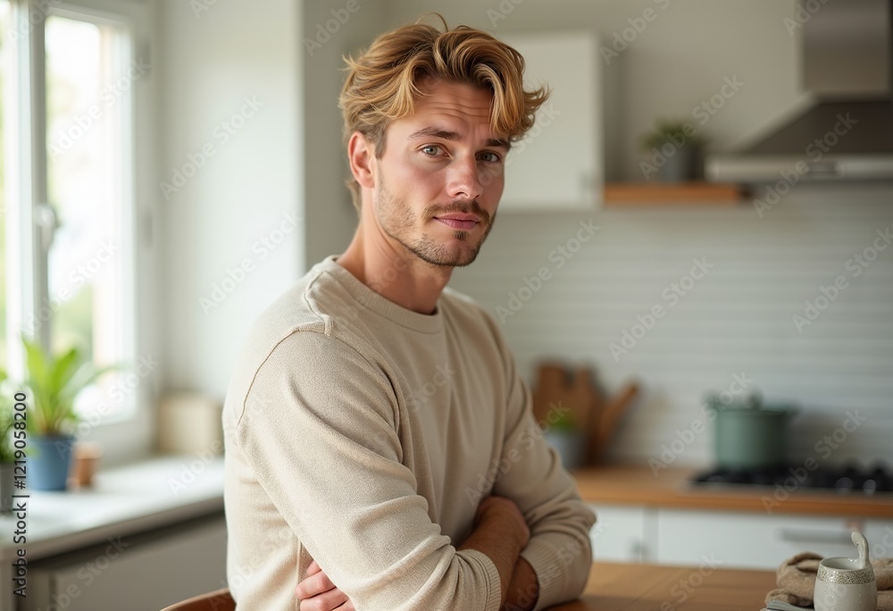 Fototapeta premium Man with Blond Hair and Green Eyes: Realistic Side View Portrait of Smiling Slavic Man at Table; Soft Beige Sweater, Bright Cozy Room with Natural Light; Looking at Camera