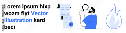Man examining documents, magnifying glass, checklist with checkmark, blue flame. Ideal for businesses, startups, research, documentation, quality control, analytics, education. Landing page