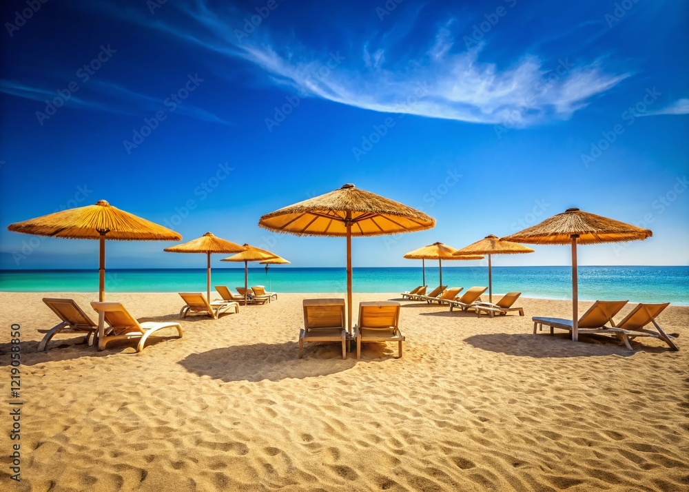 Minimalist Beach Scene: Sun Loungers & Parasols on Sandy Shore Minimalist Beach Scene: Sun Loungers & Parasols on Sandy Shore