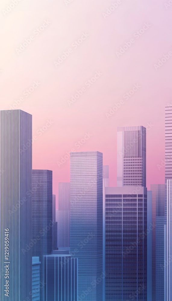 Fototapeta premium Serene urban skyline at dawn minimalist geometric skyscrapers in soft pastel hues