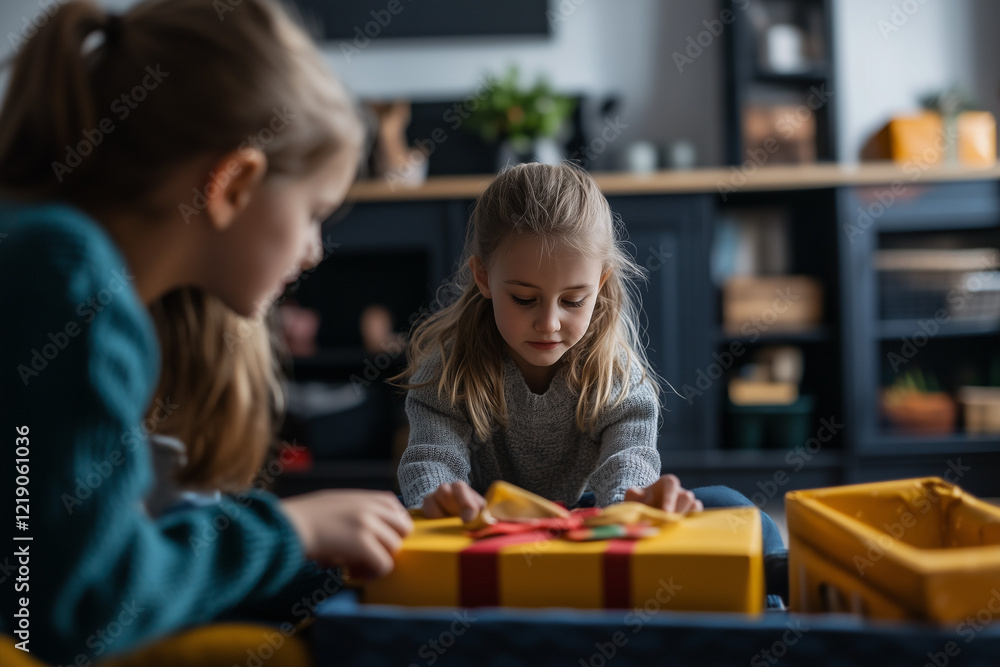 Selective focus boy and girl unwrapping gift box in Christmas, Portrait group of kid open the present in birthday party. Selective focus boy and girl unwrapping gift box in Christmas, Portrait group of kid open the present in birthday party.