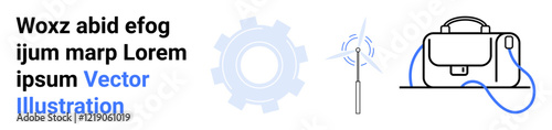 Gear icon, wind turbine, briefcase with a cable, and text block. Ideal for business, technology, engineering, renewable energy, corporate, informational graphics, and educational content. Landing