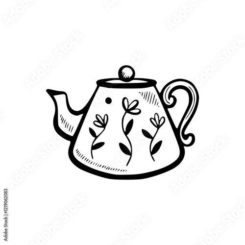 a black and white drawing of an ornamental teapot 