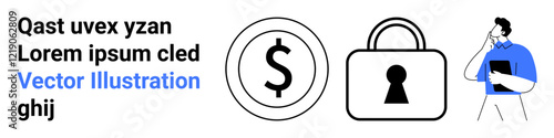 Dollar sign in a circle, padlock with keyhole, and a pensive businessman holding clipboard with hand on face. Ideal for finance, security, business strategy, investment protection, planning, risk