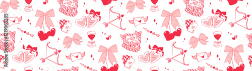 Seamless hand drawn romantic pattern in coquette style. Cherries tied in a bows, cake, cupid arrow, wine, envelope, heart locket. Vintage wallpaper, background for Valentine's day, wedding designs.
