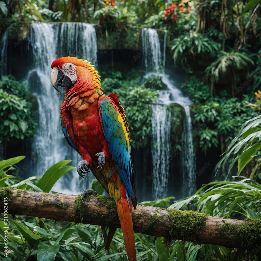 A colorful macaw perched on a branch, surrounded by lush green foliage, with cascading waterfalls and vivid flowers in the background. A colorful macaw perched on a branch, surrounded by lush green foliage, with cascading waterfalls and vivid flowers in the background.