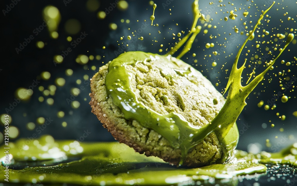 Obraz premium A dynamic shot of a matcha green tea cookie with creamy green matcha glaze splashes.