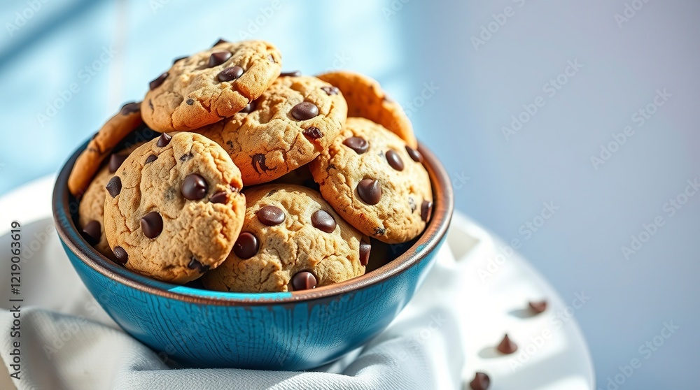 Golden Brown Chocolate Chip Cookies in a Rustic Blue Bowl Golden Brown Chocolate Chip Cookies in a Rustic Blue Bowl