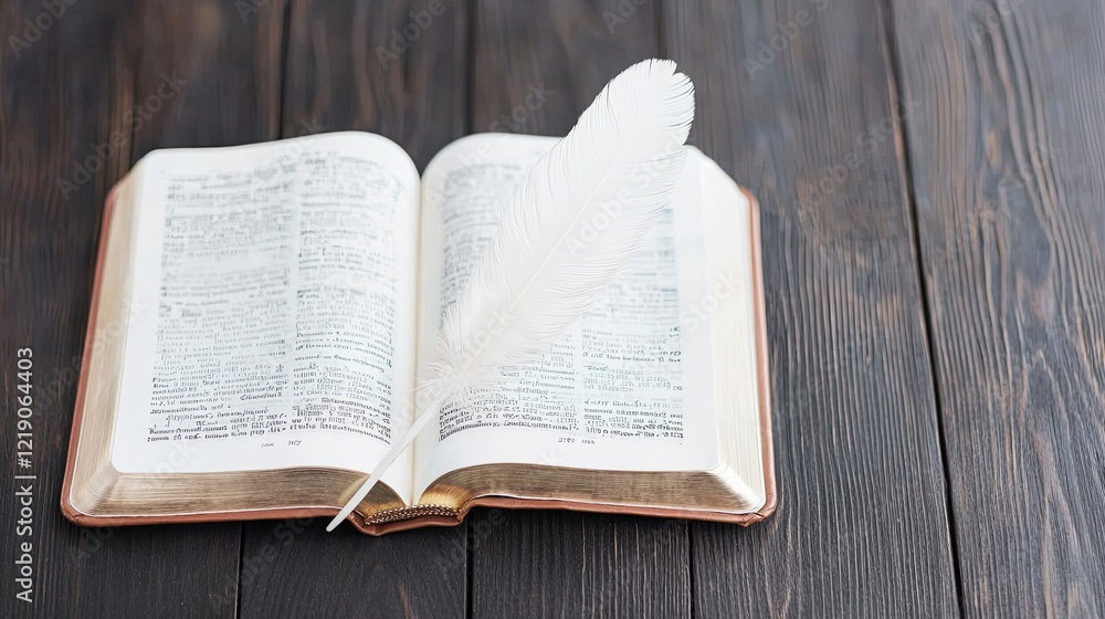 Fototapeta premium Open Bible Featuring the Gospel of John and Quill Pen on Rustic Wooden Table