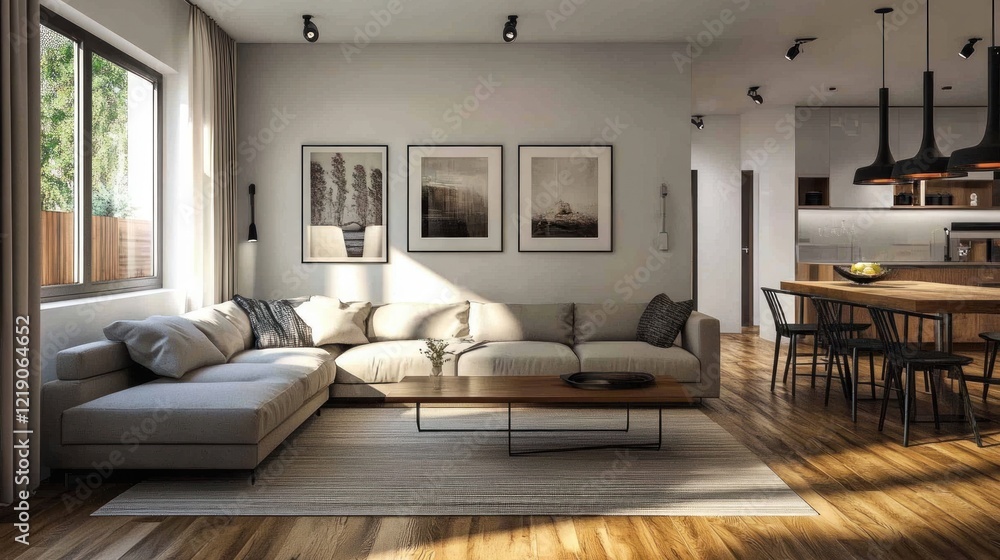 Modern Open Plan Living Room Design with Sunlight Streaming Through Large Window Modern Open Plan Living Room Design with Sunlight Streaming Through Large Window