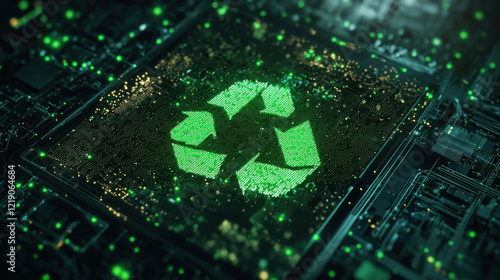 Glowing green recycling symbol on futuristic circuit board