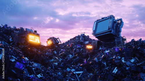 E-waste recycling concept. futuristic scrapyard with glowing robotic machines amidst piles of electronic waste photo