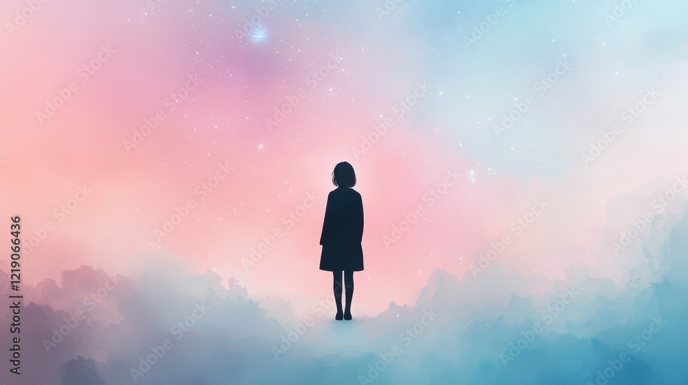Celestial Dreamscape: Abstract Girl Standing on a Colorful Canvas of Cosmic Imagery Celestial Dreamscape: Abstract Girl Standing on a Colorful Canvas of Cosmic Imagery