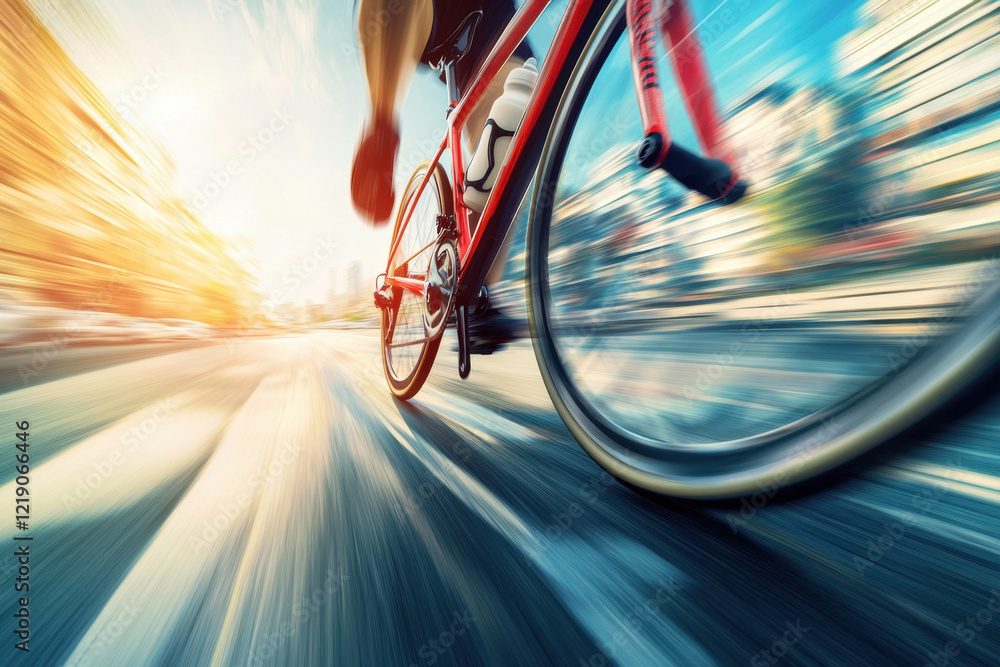 Naklejka premium An abstract motion blur of a racing bicycle wheel on a brightly lit road.
