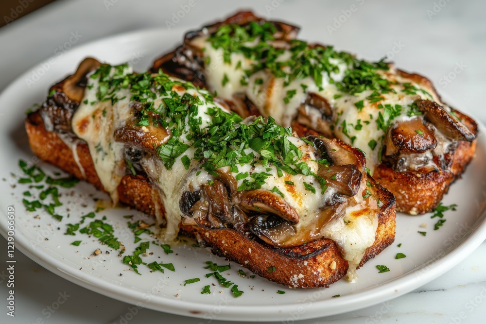 Cheesy Mushroom and Garlic Toasts on white plate Cheesy Mushroom and Garlic Toasts on white plate