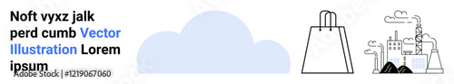 Cloud icon in center, shopping bag on left depicting e-commerce, industrial factory with smoke on right, modern industry overlap. Ideal for technology, business, trade, environmental issues