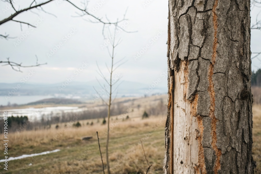 Fototapeta premium Minimalist Close-up: Wood Pest Damage on Tree Bark – Textured Surface