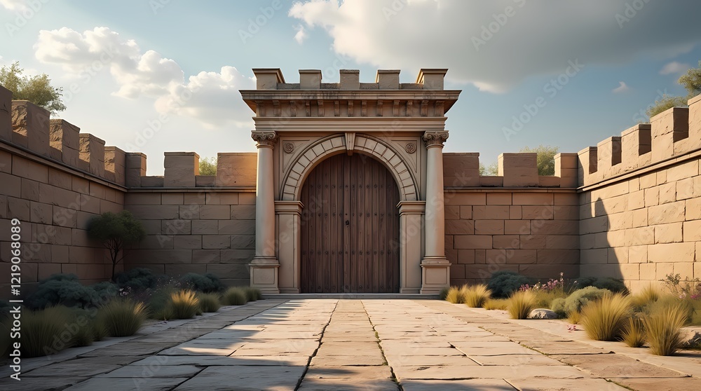 Obraz premium The huge walls of the ancient city with huge closed wooden gates
