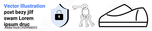 Padlock inside a shield, three keys linked by a chain, and a simple sneaker outline. Ideal for security, protection, access control, locksmith services, footwear, safe, safety. Landing page