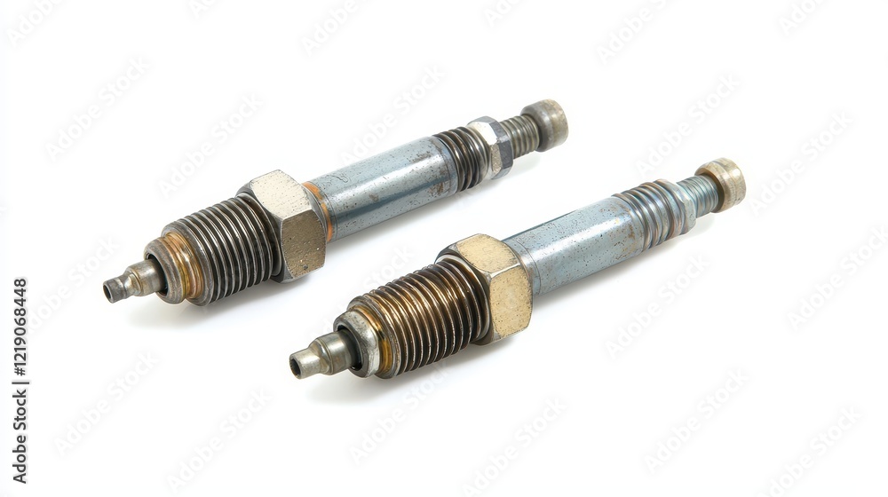 A set of engine spark plugs on a white isolated background A set of engine spark plugs on a white isolated background