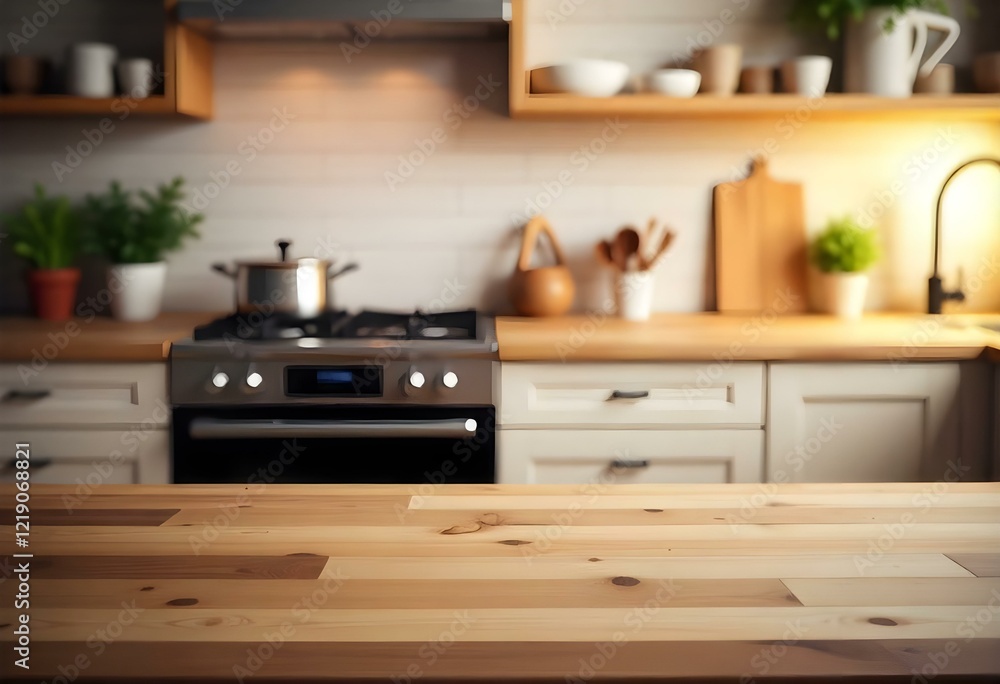 A wooden kitchen countertop in the foreground with a blurred background featuring a stove, pots, and kitchen utensils on shelves. The kitchen has a modern design with light-colored cabinets and a wood A wooden kitchen countertop in the foreground with a blurred background featuring a stove, pots, and kitchen utensils on shelves. The kitchen has a modern design with light-colored cabinets and a wood