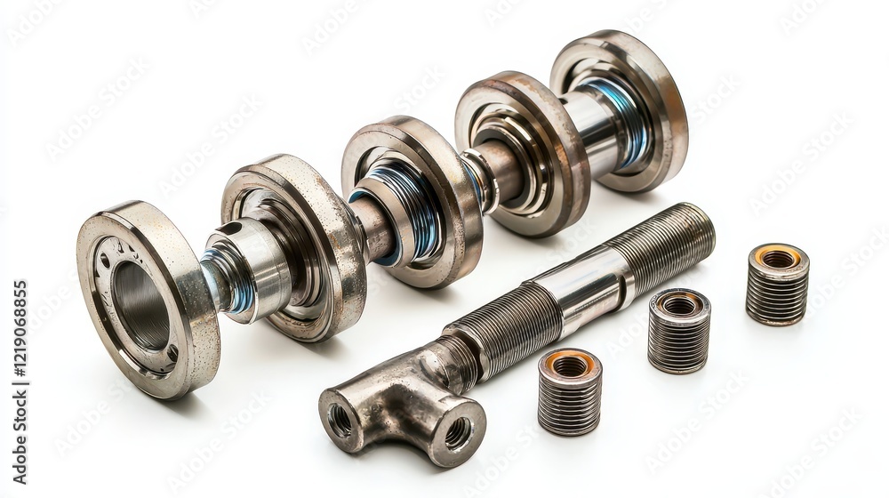A collection of engine bearings and crankshaft on a white isolated background A collection of engine bearings and crankshaft on a white isolated background