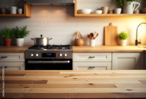A wooden kitchen countertop in the foreground with a blurred background featuring a stove, pots, and kitchen utensils on shelves. The kitchen has a modern design with light-colored cabinets and a wood