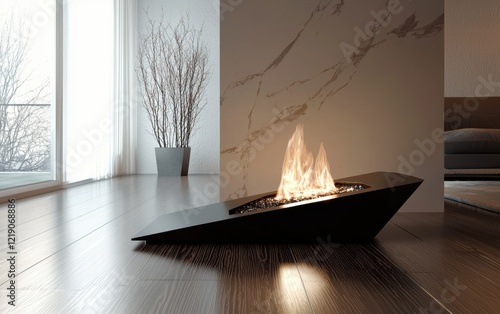 A futuristic bioethanol fireplace with a sleek black metal frame, casting reflections on a polished wooden floor in a minimalist loft