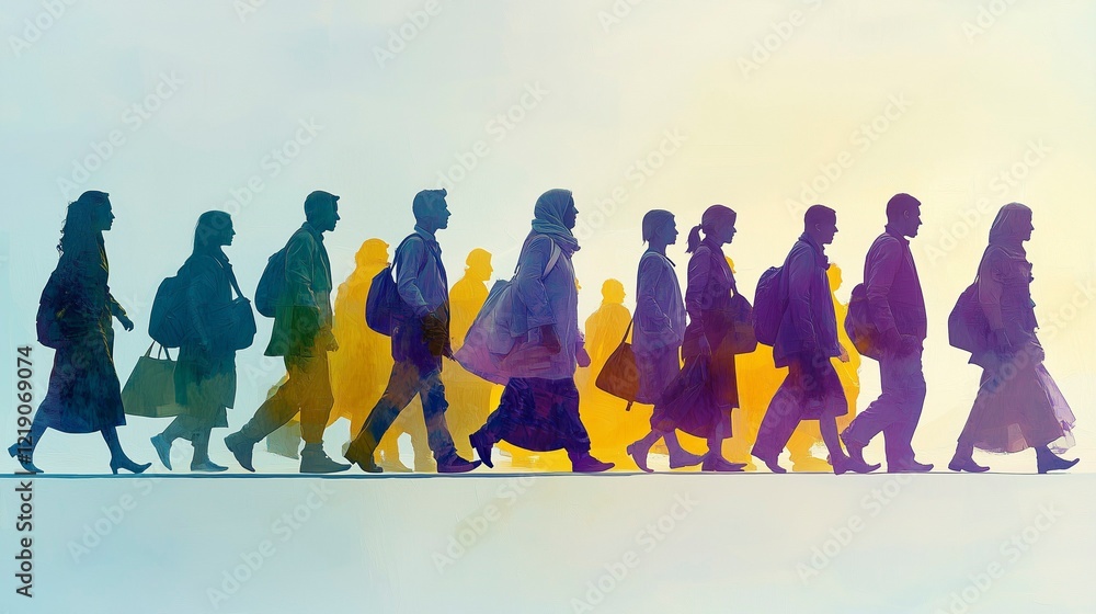 Obraz premium Refugees and immigrants looking for a new life expectancy. Column of migrants crossing desolate lands. Silhouette. Ai generative
