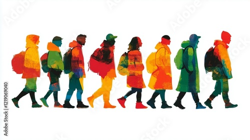 Refugees and immigrants looking for a new life expectancy. Column of migrants crossing desolate lands. Silhouette. Ai generative