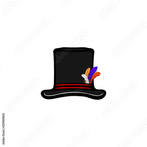 magician's black cylinder hat with feather vector illustration