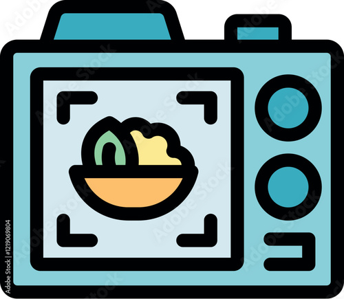 Modern digital camera focusing on a bowl of healthy food, ready to take a picture for food blogger or online menu