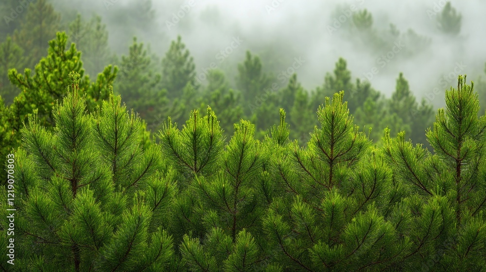 Misty pine forest, aerial view of green trees in fog. Misty pine forest, aerial view of green trees in fog.
